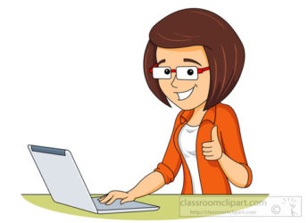 business woman at work on computer showing thumbsup sign clipart